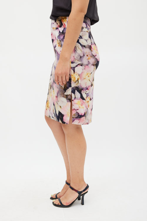 Dries Van Noten Pink & Multicolour Silk Floral Pencil Skirt