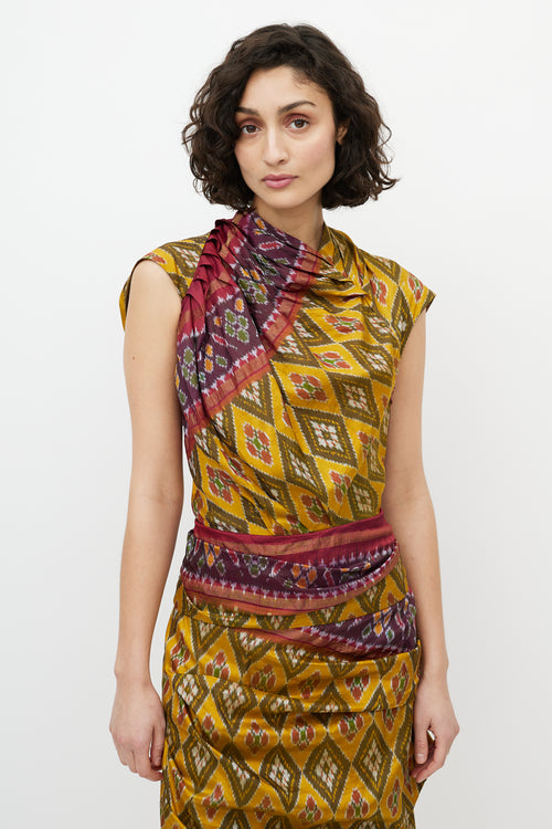 Dries Van Noten Yellow & Red Silk Pleated Geometric Dress