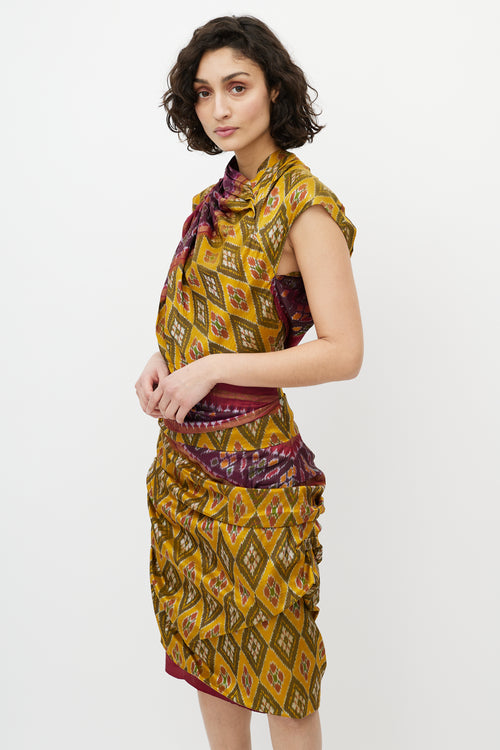 Dries Van Noten Yellow & Red Silk Pleated Geometric Dress