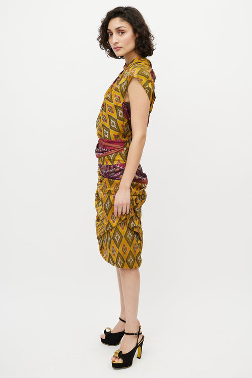 Dries Van Noten Yellow & Red Silk Pleated Geometric Dress