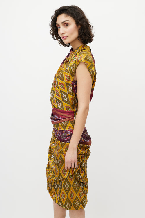 Dries Van Noten Yellow & Red Silk Pleated Geometric Dress