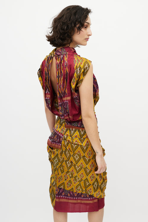 Dries Van Noten Yellow & Red Silk Pleated Geometric Dress