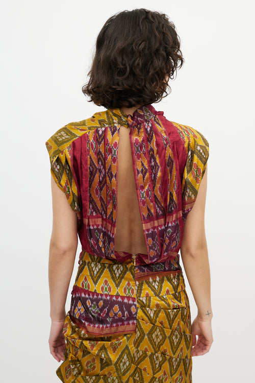 Dries Van Noten Yellow & Red Silk Pleated Geometric Dress