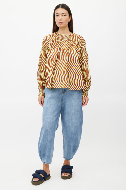 Dries Van Noten x Len Lye Yellow & Brown Wave Print Smocked Top