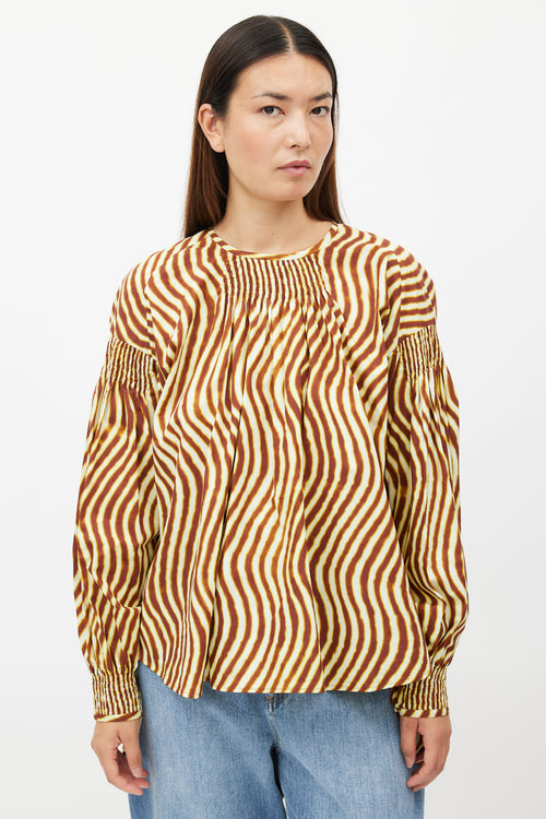 Dries Van Noten x Len Lye Yellow & Brown Wave Print Smocked Top