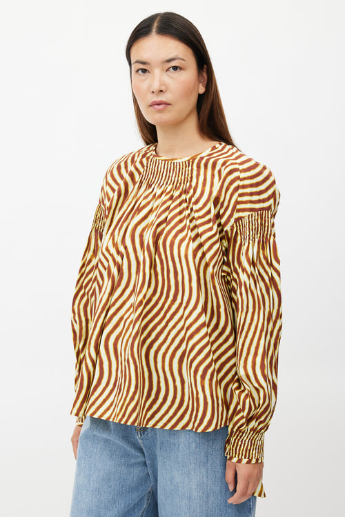 Dries Van Noten x Len Lye Yellow & Brown Wave Print Smocked Top