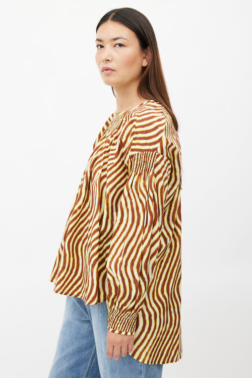 Dries Van Noten x Len Lye Yellow & Brown Wave Print Smocked Top