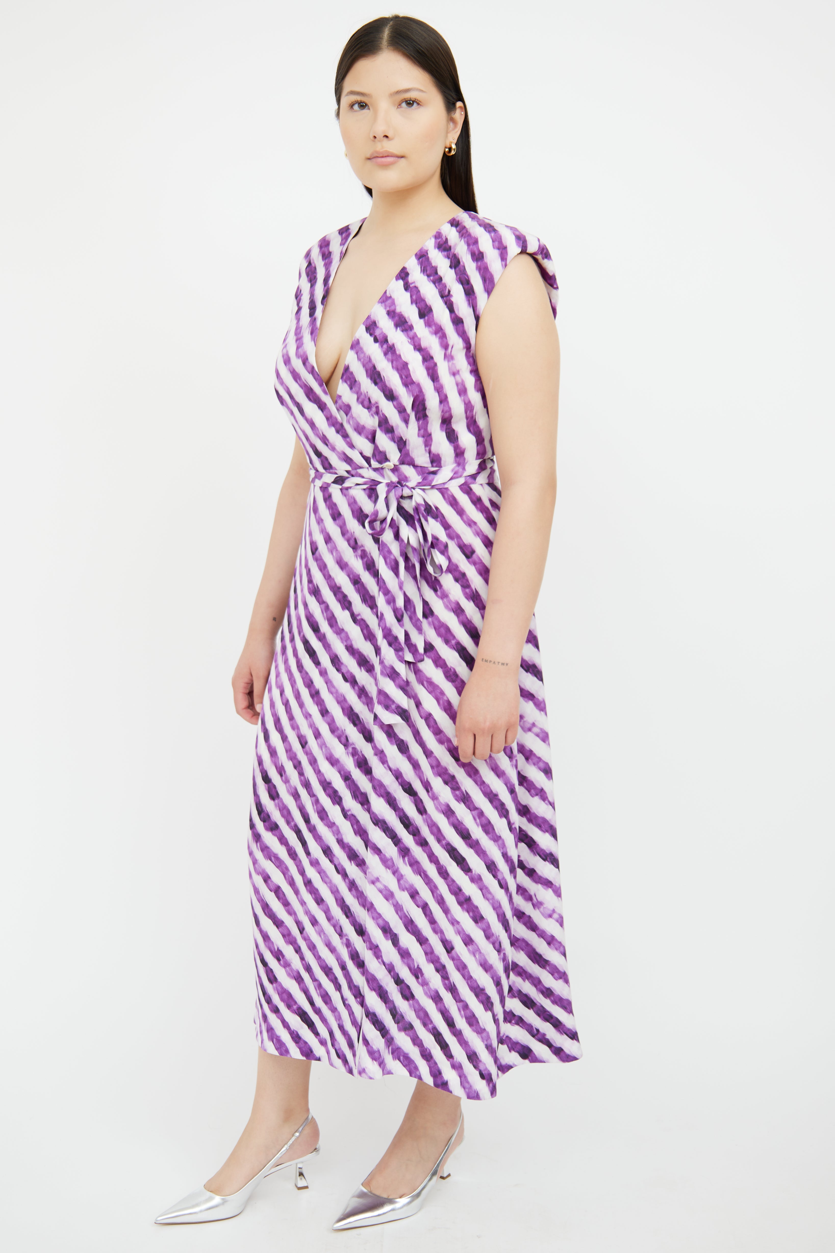 Dries Van Noten Purple & White Striped Wrap Dress