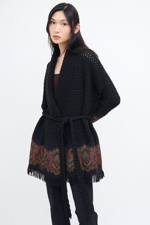 Etro Black Wool Knit & Multi Paisley Cardigan