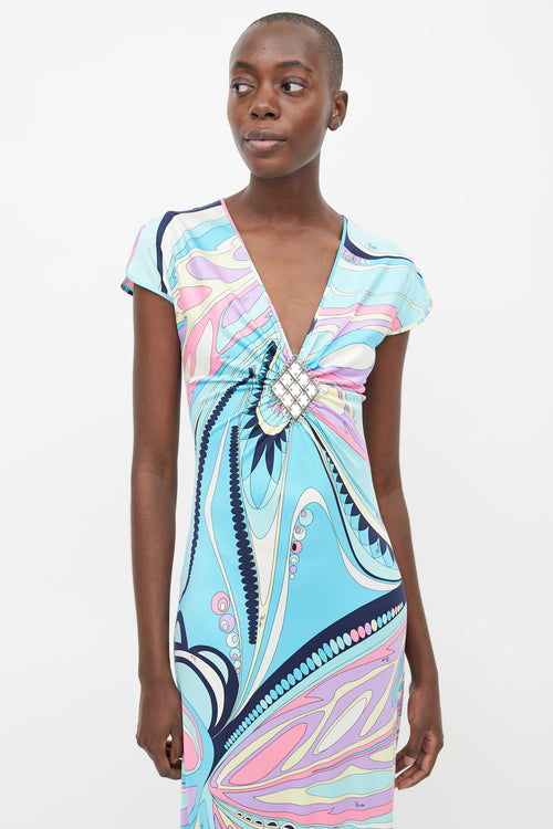 Emilio Pucci Blue & Multi Silk Print Embellished Dress