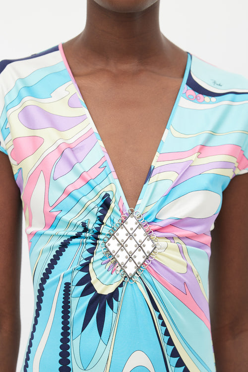 Emilio Pucci Blue & Multi Silk Print Embellished Dress