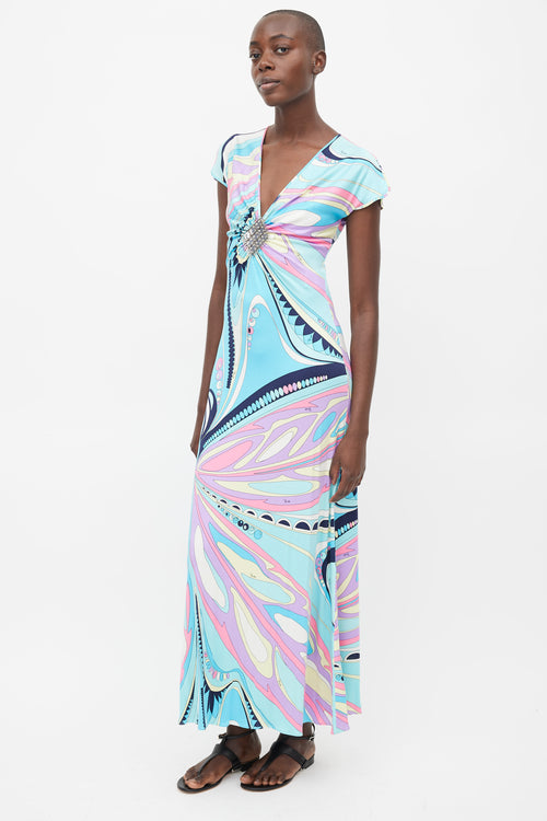Emilio Pucci Blue & Multi Silk Print Embellished Dress
