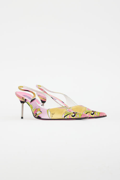 Emilio Pucci Pink & Yellow Satin Pattern Slingback Heel