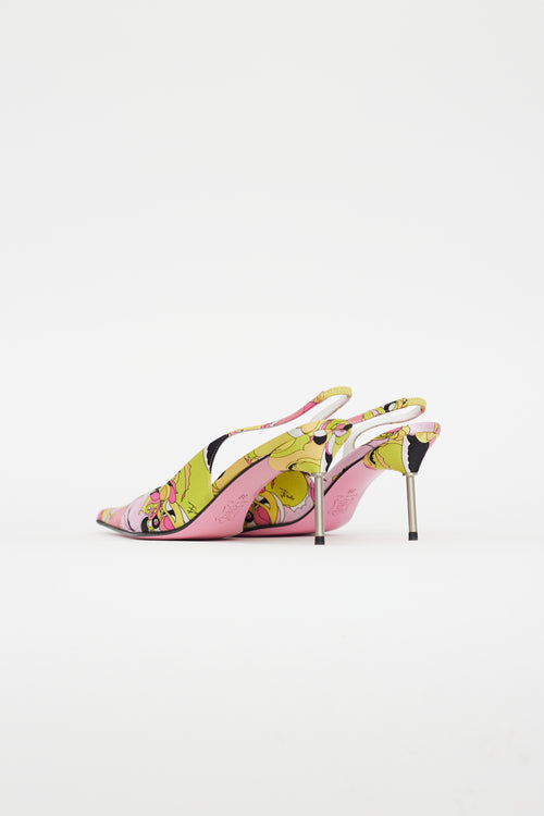 Emilio Pucci Pink & Yellow Satin Pattern Slingback Heel