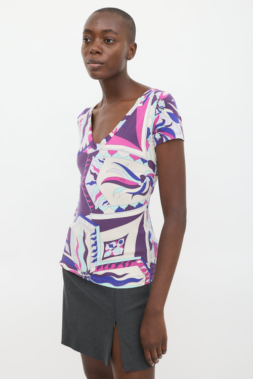 Emilio Pucci Purple & Multicolour Printed V-Neck T-Shirt