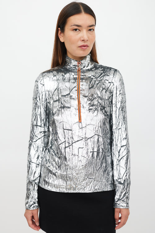 Emilio Pucci Silver & Orange Metallic Tinsel Top