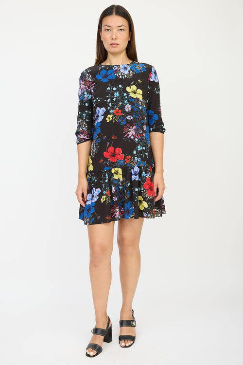 Erdem Black & Multicolour Silk Floral Ruffled Dress