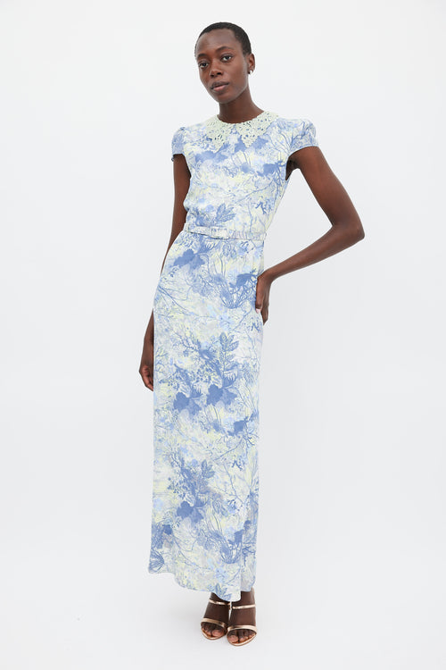 Erdem Blue & Green Silk Printed Belted Dress