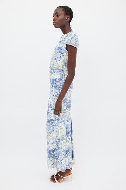 Erdem Blue & Green Silk Printed Belted Dress