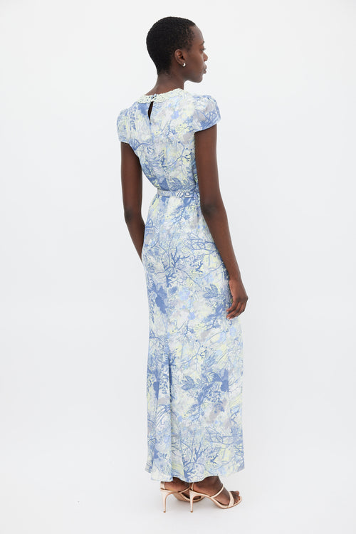 Erdem Blue & Green Silk Printed Belted Dress