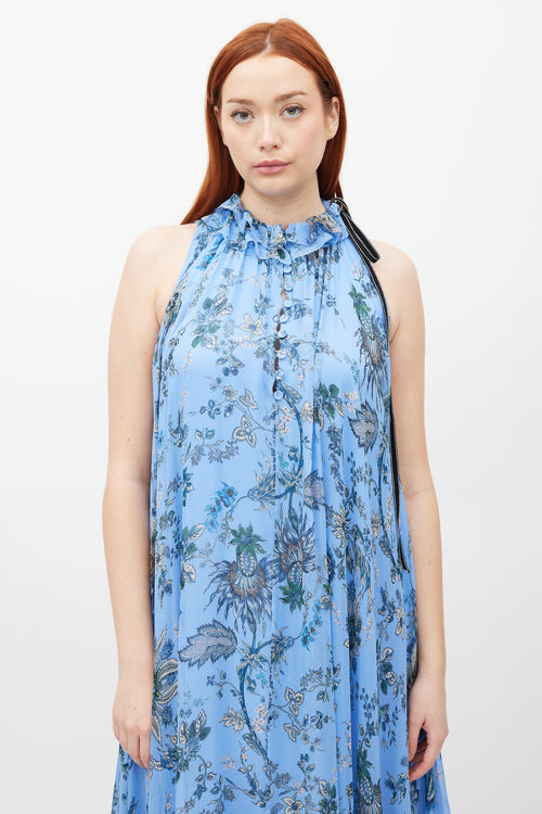 Erdem Blue & Multicolour Silk Ruffled Floral Theola Dress