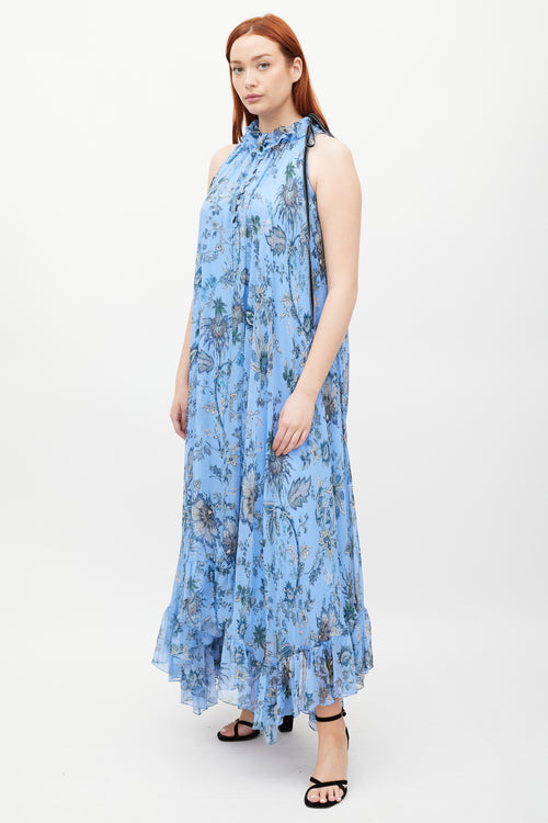 Erdem Blue & Multicolour Silk Ruffled Floral Theola Dress