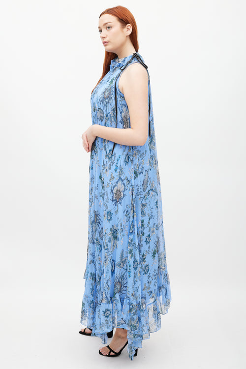 Erdem Blue & Multicolour Silk Ruffled Floral Theola Dress