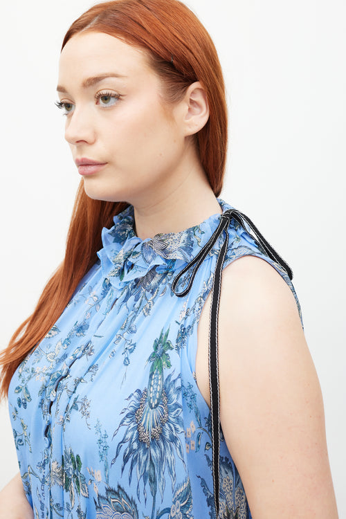 Erdem Blue & Multicolour Silk Ruffled Floral Theola Dress