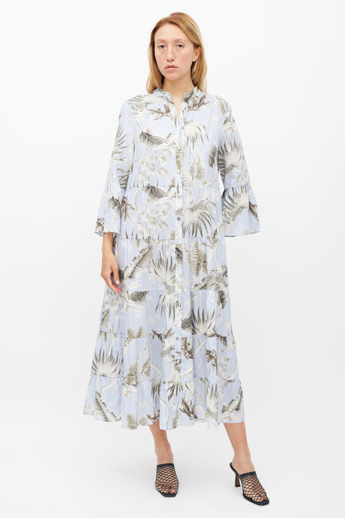 Erdem Light Blue & Grey Floral Tier Panthea Dress