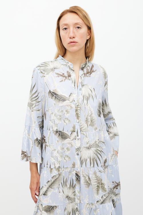 Erdem Light Blue & Grey Floral Tier Panthea Dress