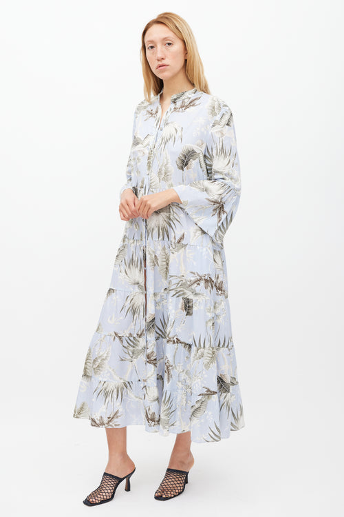 Erdem Light Blue & Grey Floral Tier Panthea Dress