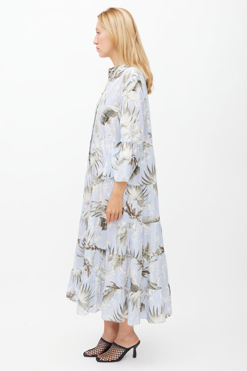 Erdem Light Blue & Grey Floral Tier Panthea Dress