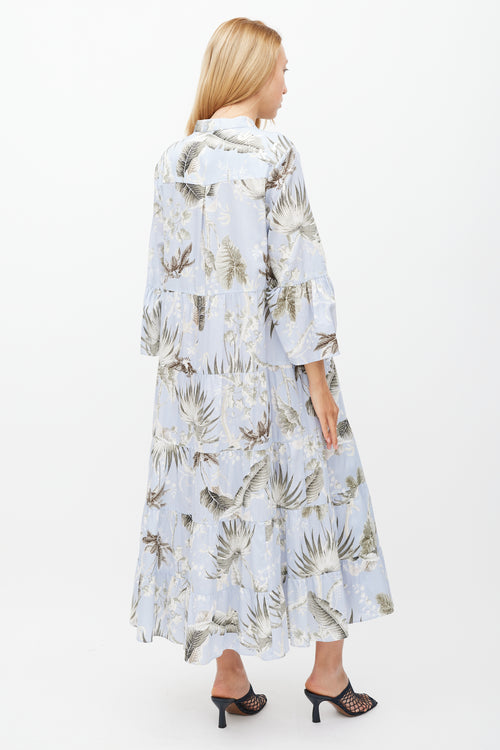 Erdem Light Blue & Grey Floral Tier Panthea Dress