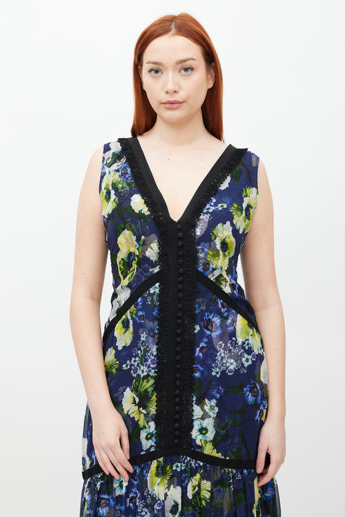 Erdem Navy & Multicolour Silk Floral Makayla Dress