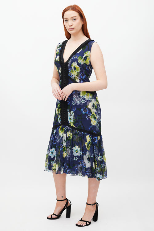 Erdem Navy & Multicolour Silk Floral Makayla Dress