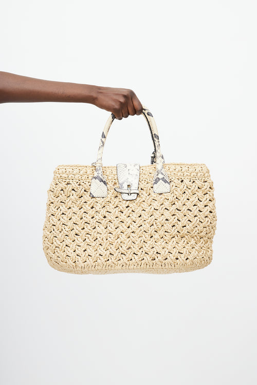 Ermanno Scervino Beige Raffia & Embossed Leather Tote Bag