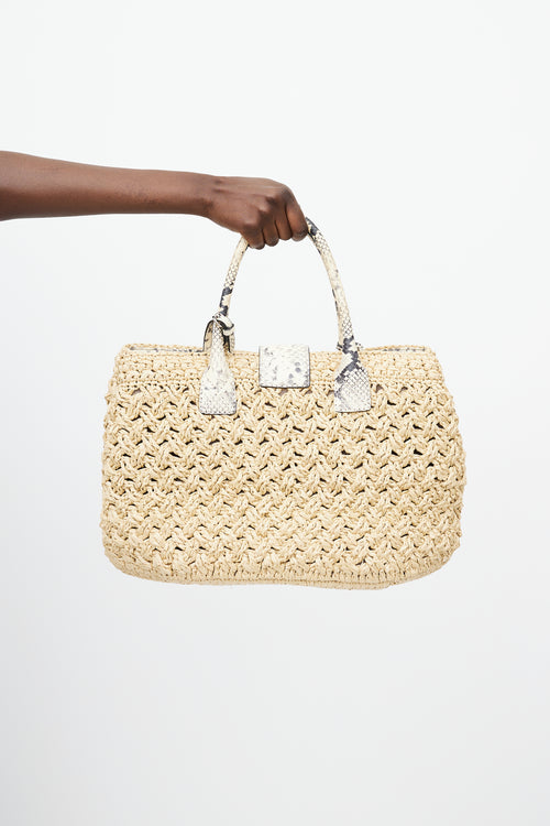 Ermanno Scervino Beige Raffia & Embossed Leather Tote Bag