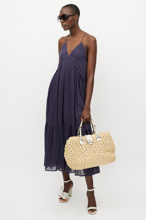 Ermanno Scervino Beige Raffia & Embossed Leather Tote Bag