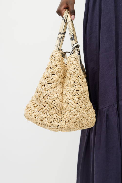 Ermanno Scervino Beige Raffia & Embossed Leather Tote Bag