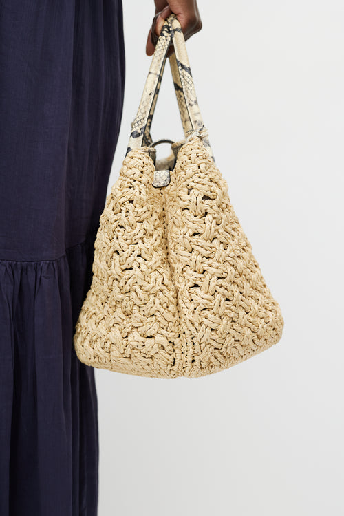 Ermanno Scervino Beige Raffia & Embossed Leather Tote Bag