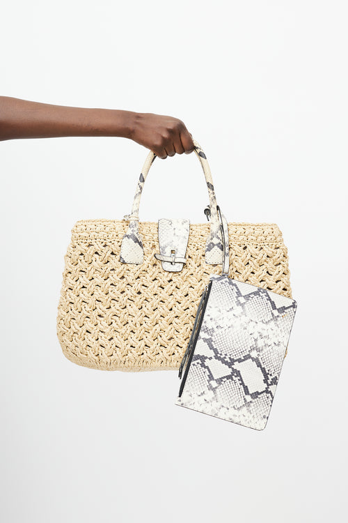 Ermanno Scervino Beige Raffia & Embossed Leather Tote Bag