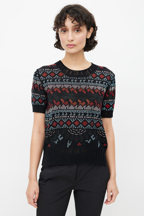 Ermanno Scervino Black & Multicolour Geometric Rhinestone Knit Top
