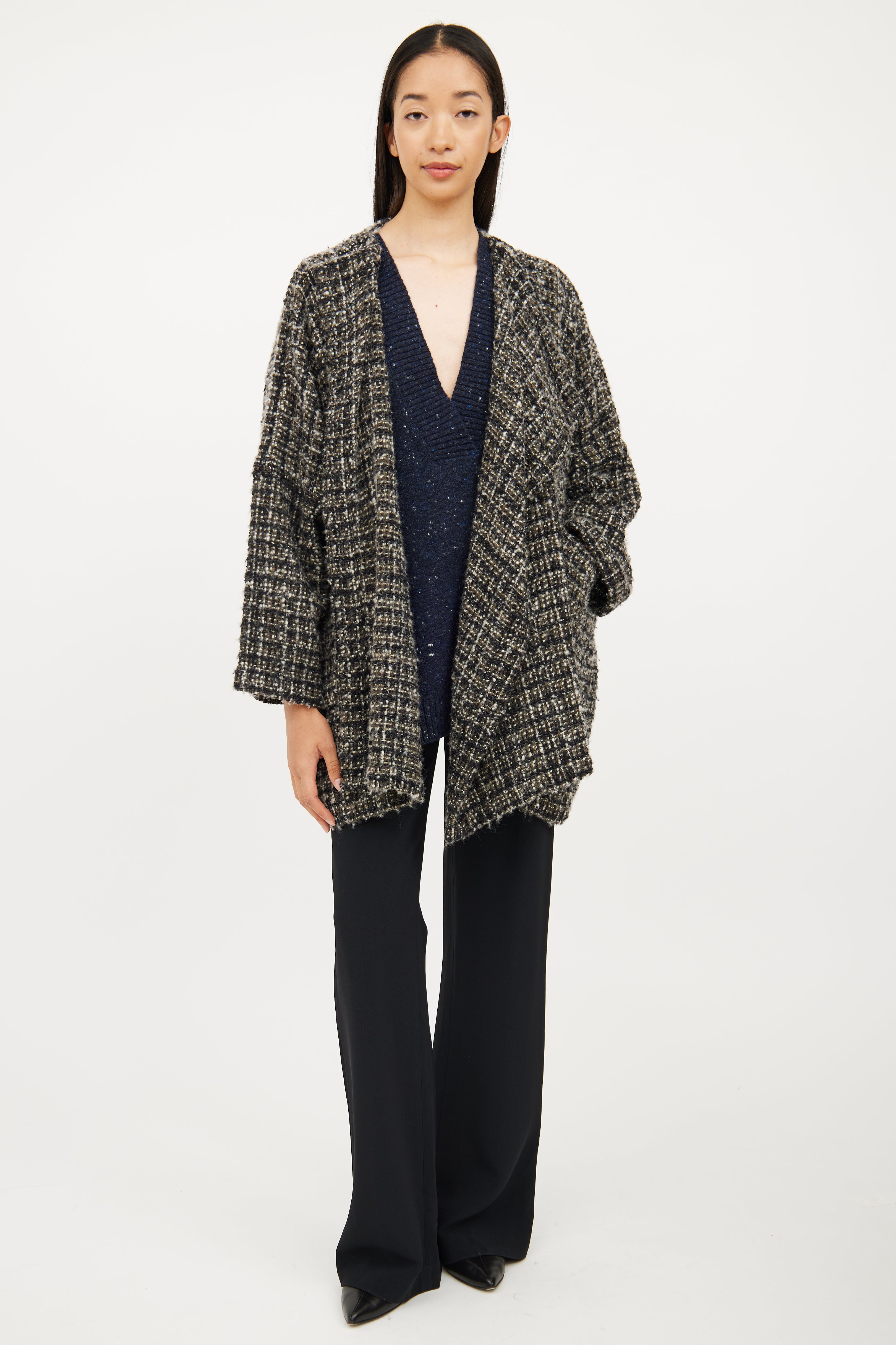 Eskandar Green & Multi Colour Wool Blend Cardigan