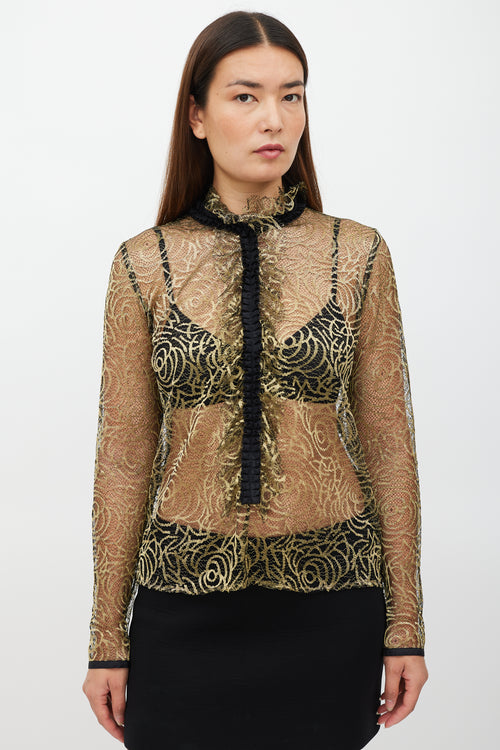 Etro Black & Gold Ruffled Mesh Top