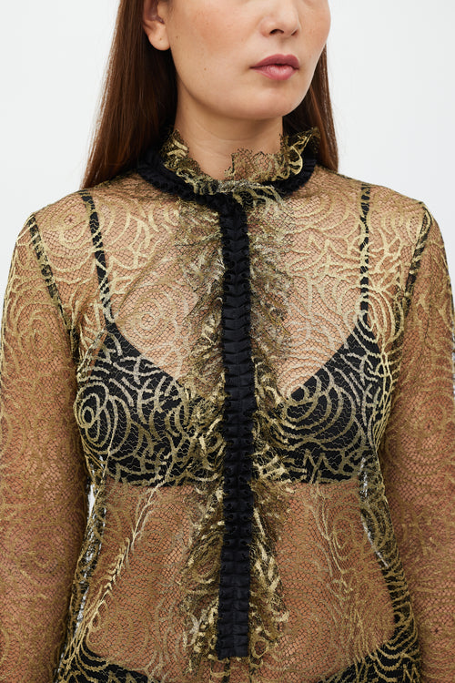 Etro Black & Gold Ruffled Mesh Top