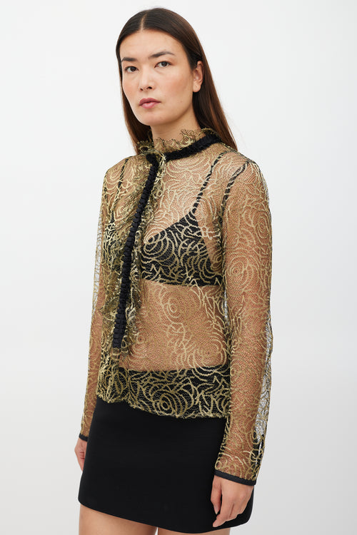 Etro Black & Gold Ruffled Mesh Top