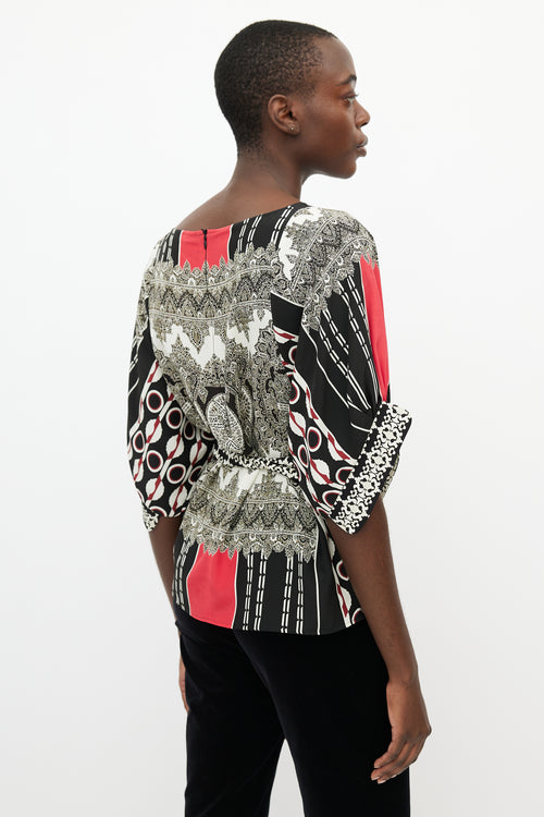 Etro Black & Multi Silk Print Tie Blouse