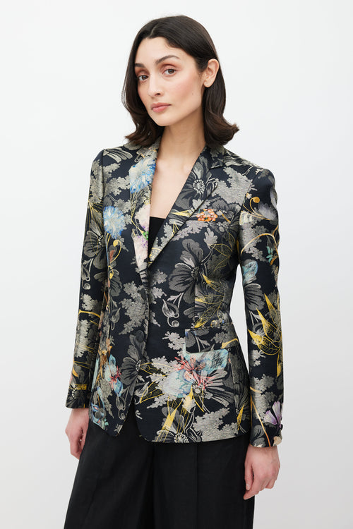 Etro Black & Multicolour Floral Jacquard Blazer