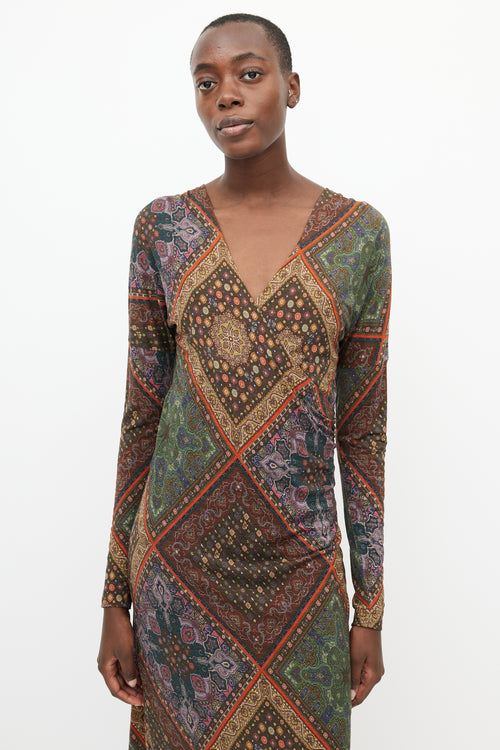 Etro Brown & Multi Print V-Neck Dress
