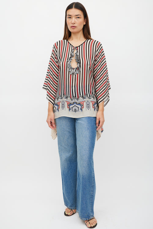 Etro Cream & Multicolour Silk Striped Tassel Poncho